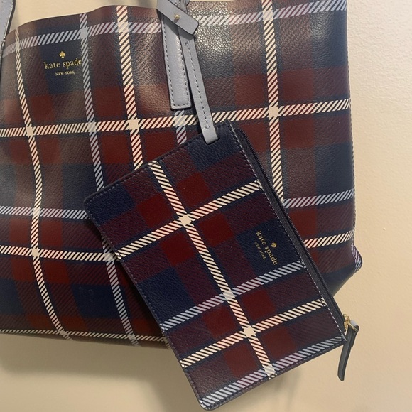 Kate Spade Blue and Brown Plaid Leather Tote Bag Set - Picture 6 of 8